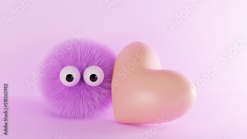 the concept of a sweet heart. the furry creature snuggles up to the heart. cute picture of lovers purple pink background. 3d illustration