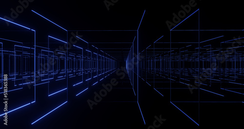 Render with blue rectangular corridors made of neon lines