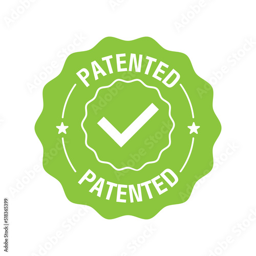 Patented label or sticker. Patent stamp badge icon vector, successfully patented licensed label isolated tag with check mark. Vector