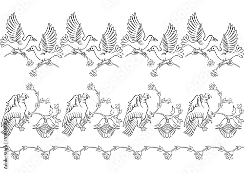 Byzantine traditional historical motifs of animals  birds  flowers and plants Seamless border pattern  linear ornament  ribbon. Outline vector illustration.