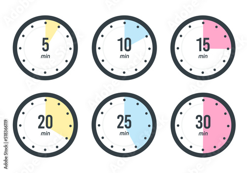 Timer, clock, stopwatch isolated set icons. 5, 10, 15, 20, 25, 30 min. Label cooking time. Vector illustration