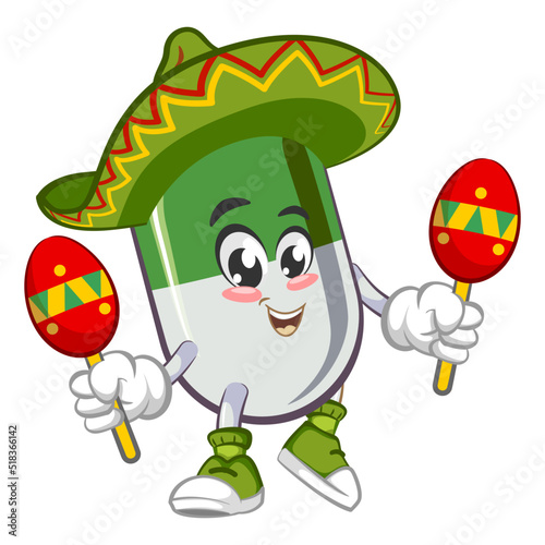 vector illustration of cute capsule mascot wearing sombrero with playing maracas