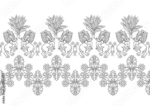 Byzantine traditional historical motifs of animals, birds, flowers and plants Seamless border pattern, linear ornament, ribbon. Outline vector illustration.