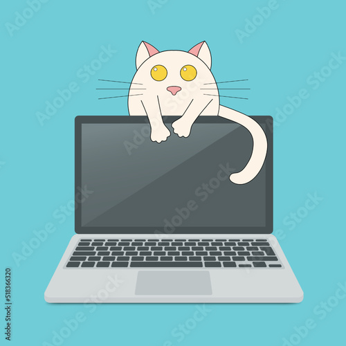 Laptop, personal computer with cat illustrations. Vector illustration laptop and cartoon character. Modern flat style