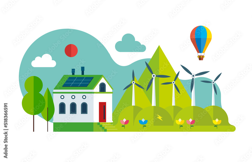 Concept illustration for ecology, green power, wind energy, sustainability. Green energy landing page with a house with solar panels, wind turbines. 
