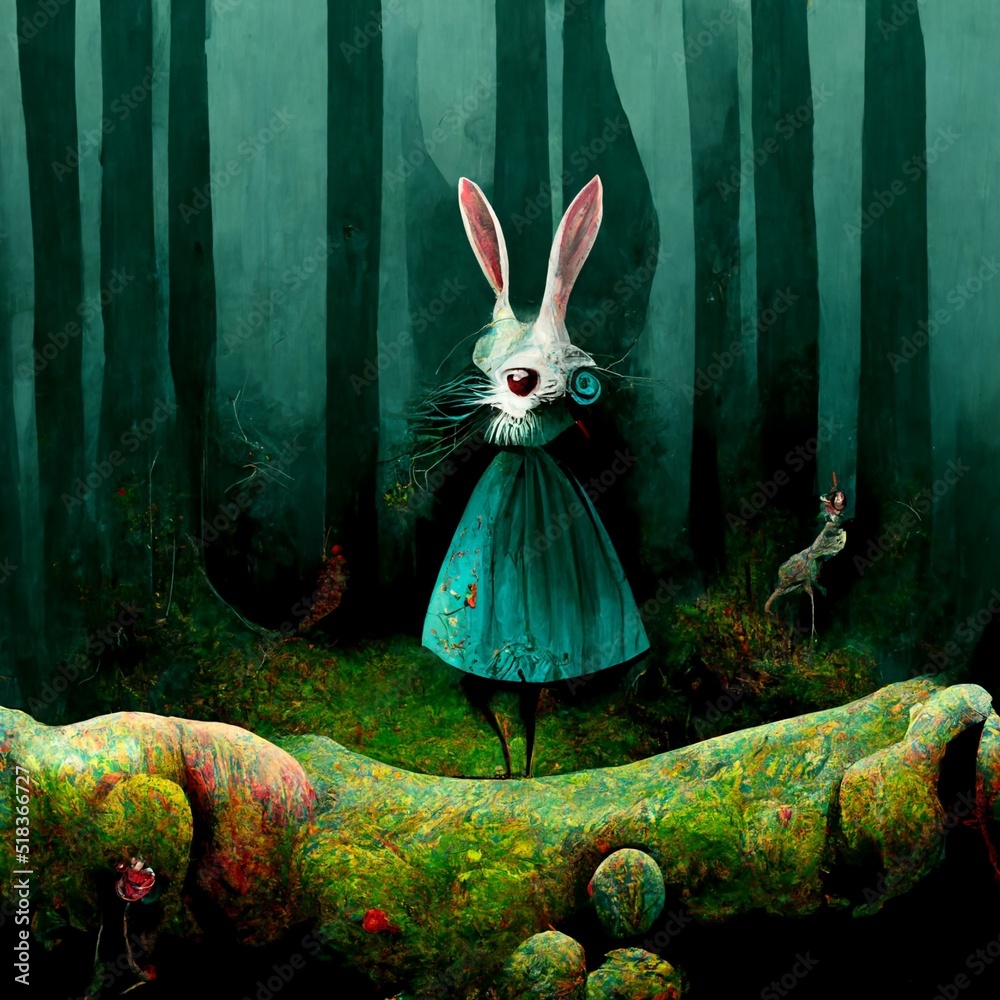 AI rendered scratch of rabbit Alice in Wonderland style in the forest