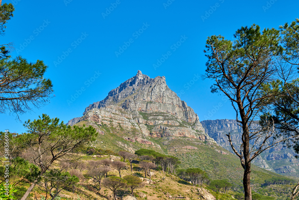 Landscape and panoramic view of a mountain during summer against a clear blue sky. Scenic natural landmark amongst trees, plants, and vegetation in the countryside. Beautiful copyspace view of nature