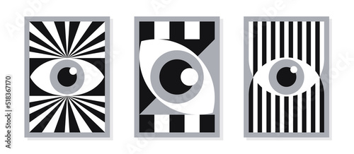 Abstract bauhaus eye poster set black white color style minimal 20s geometric style with figures and shapes circle, triangle. square. Human psychology and mental health concept illustration. Vector 10