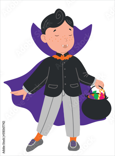 Child dressed as a vampire with Halloween sweets. Colorful vector illustration in flat style. Children's scary costume party.