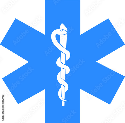 Medical symbol blue Star of Life with Rod of Asclepius icon isolated on white background. EMS, first aid. Emergency symbol. Vector illustration.