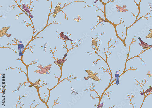 Tree branches against the sky with sparrow, finches, butterflies, dragonflies. Seamless pattern, background. Vector illustration. Chinoiserie, traditional oriental botanical motif. 