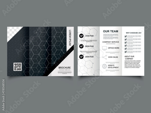 Black tri fold business brochure. Vector modern tri-fold brochure design template
