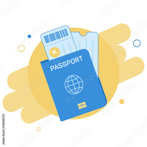 Passport with airline tickets. International tourism travelling concept. Personal document passport with ticket flight, flat illustration passport for travel