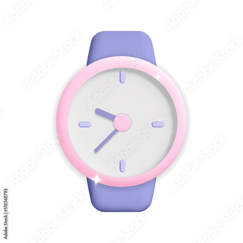 Round pink hand watch with arrows for hour and minute 3d vector design illustration. Time management and time-keeping, business, work, time period concept symbol. Isolated on white background.