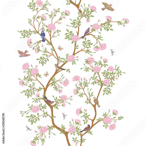 Camellia blossom tree With sparrow, finches, butterflies, dragonflies. Seamless pattern, background. Vector illustration. In botanical style