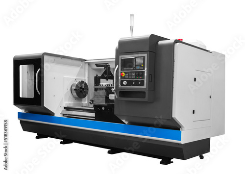 Manufacturing professional lathe machine . Industrial concept. Programmable modern digital lathe with digital program control, turret type blade holder photo