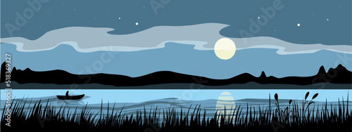 boat on lake at night with stars, vector landscape, digital background good for print and wallpaper design