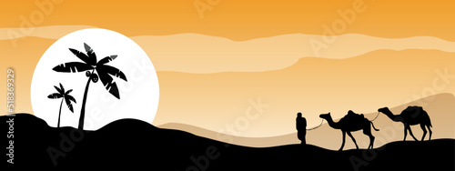 camels in desert in the evening banner, vector landscape, digital artwork good for wallpaper, background and print design