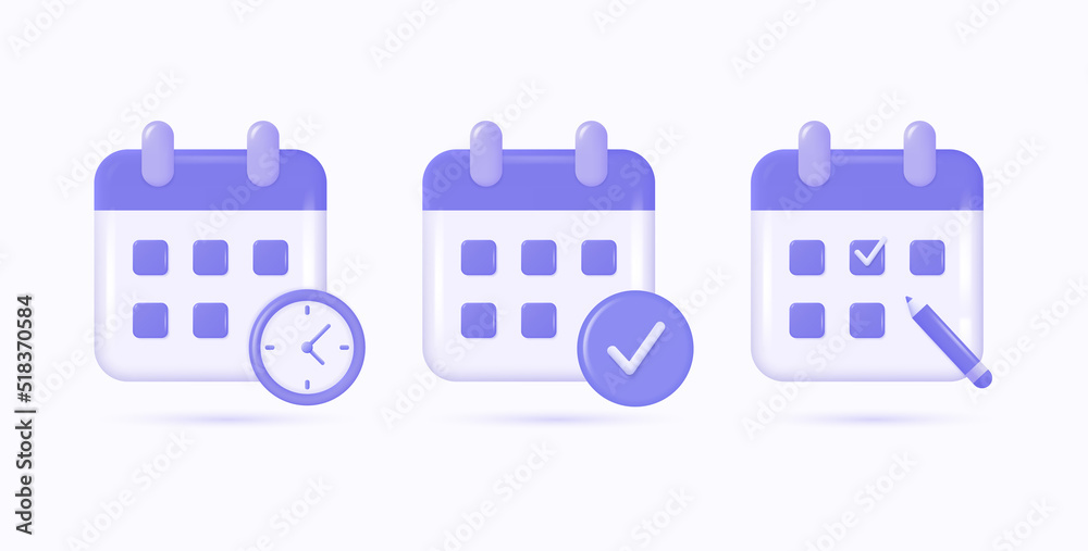 3d calendar icons in three versions with clock, pencil and check mark. vector illustration in realistic style isolated on white background 3d calendar icons in three versions with clock, pencil and check mark. vector illustration in realistic style isolated on white background