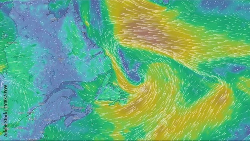 Map of the direction of wind currents near the continent America. Color infographic. The movement of the winds. Warm and cold zones. Atlantic Ocean. south of the continent. Coastline. Weather forecast