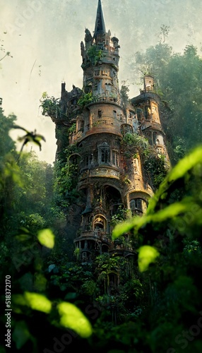 An old abandoned castle in the jungle. Green nature and an ancient castle. photo