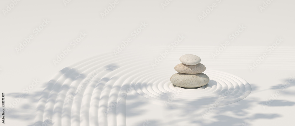 Japanese zen garden stone balance on nature light white background.for branding and product presentation.3d rendering illustration.