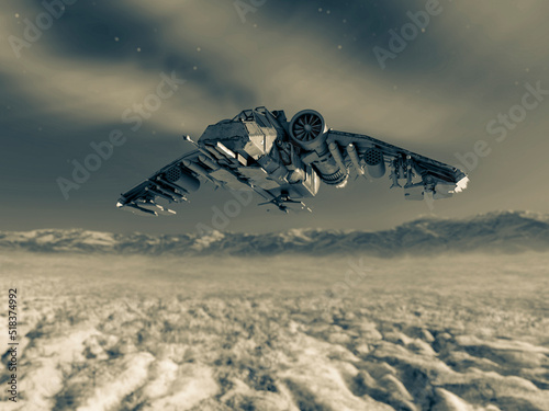 Fotografi spaceship is passing above the clouds on the cold and desert land