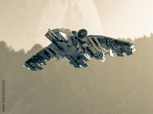 spaceship is crossing the desert planet
