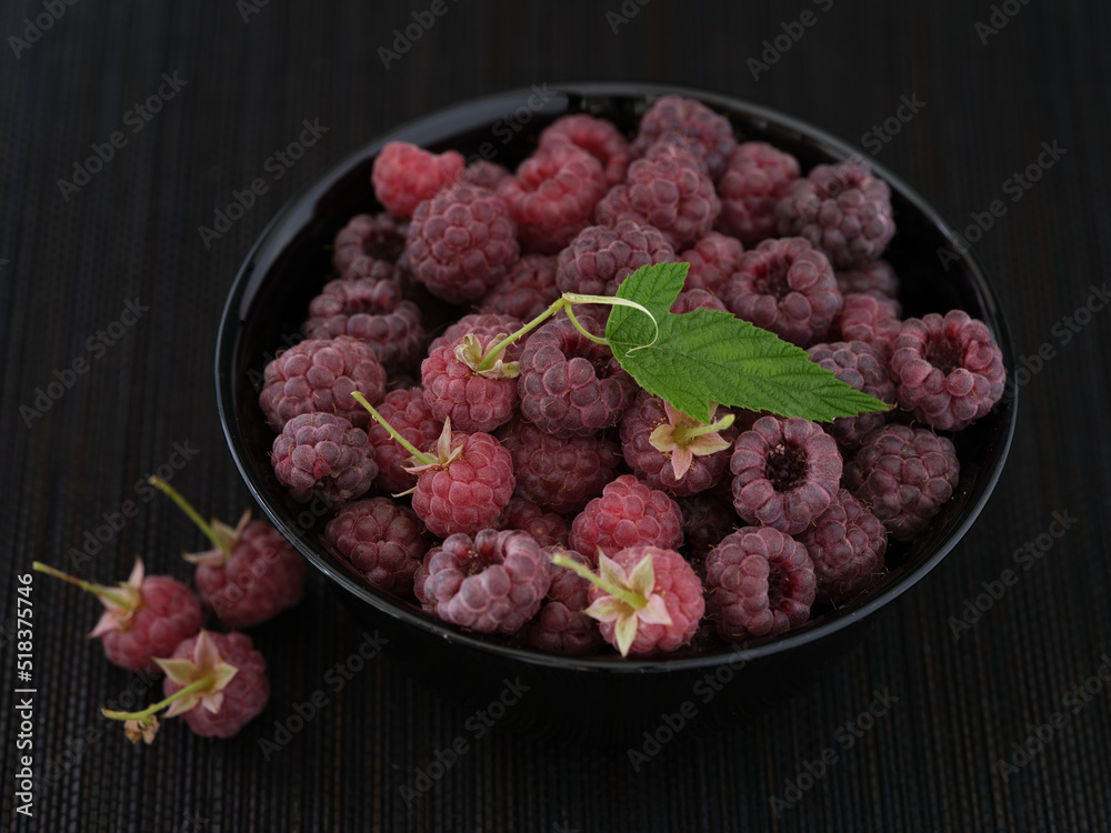 Fresh organic raspberries in a black bowl. Low key. Close up. Fresh organic raspberries in a black bowl. Low key. Close up.