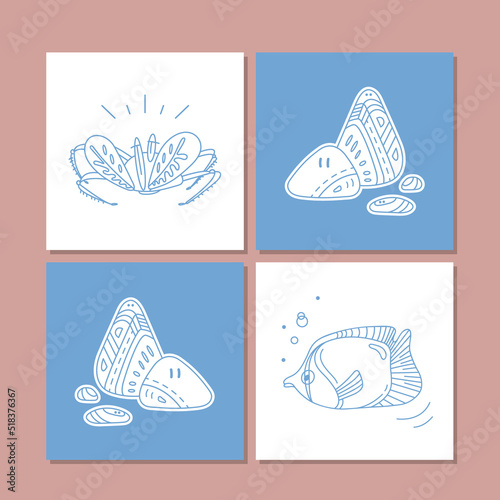 Nursery posters for baby room, greeting cards, kids and baby t-shirts and wear. Funny fish, crab and rocks. Marine theme. Vector illustration. Minimalist sea wall art set.