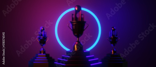 champion cup award tournament, video game of scifi gaming red blue vs e-sports backgound, vr virtual reality simulation and metaverse, scene stand pedestal stage, 3d illustration rendering