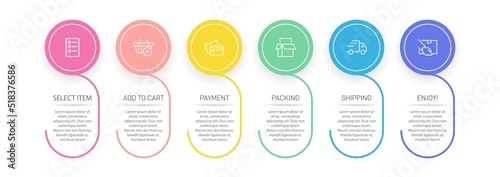 Concept of shopping process with 6 successive steps. Six colorful graphic elements. Timeline design for brochure, presentation, web site. Infographic design layout.