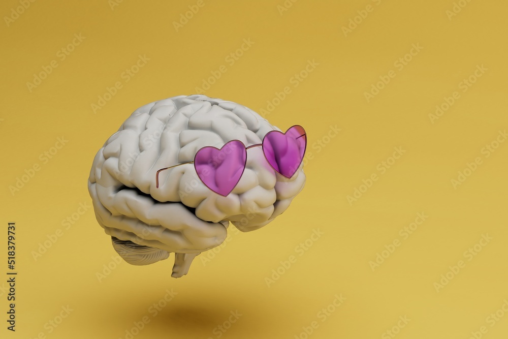 brain in pink glasses on a yellow background. thoughts fly in the clouds. life in rose-colored glasses. 3d render. 3d illustration brain in pink glasses on a yellow background. thoughts fly in the clouds. life in rose-colored glasses. 3d render. 3d illustration