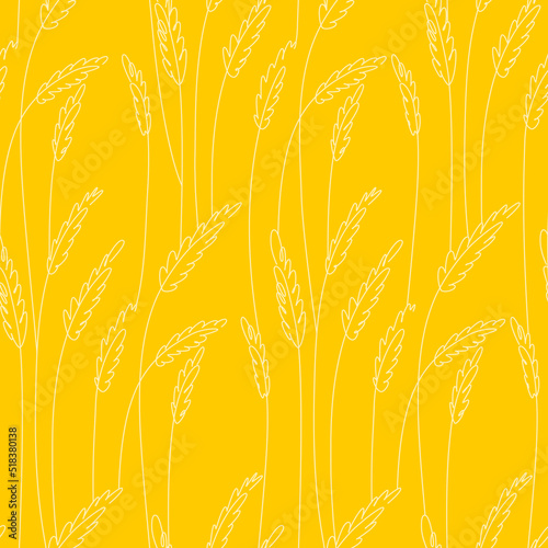 Wheat field, line art seamless pattern with agricultural symbol on a yellow. Endless texture with continuous linear cereals.
