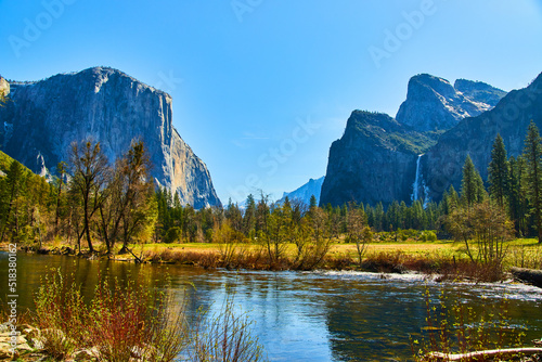Yosemite Valley View in early spring with El Capitan and Bridalveil Falls
