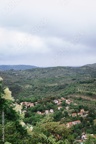 Top view of a European village in the green hills. Italian houses with red roofs  orchards in the valleys  and rich greenery.