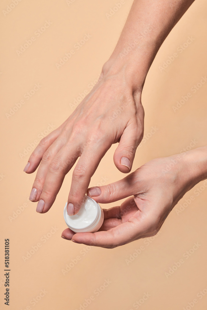 Closeup Woman Taking Cream Small Jar Closeup Woman Taking Cream Small Jar