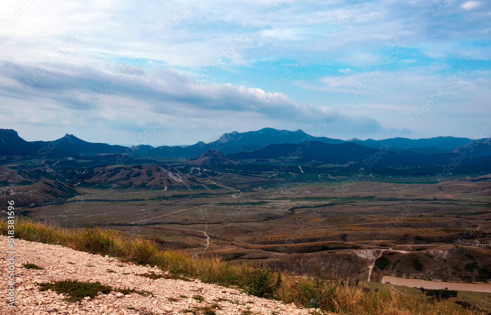 Fototapeta premium Beautiful mountain landscape with the sea on the horizon.