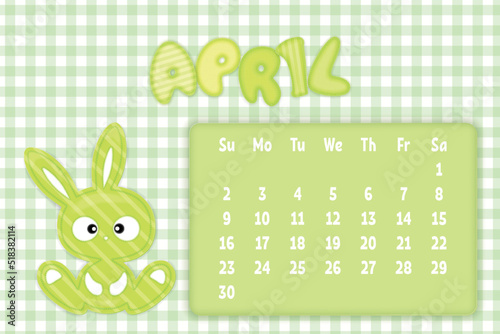 April 2023 Page for kids calendar in funny textile style with cartoon rabbit. Children's horizontal wall calendar template