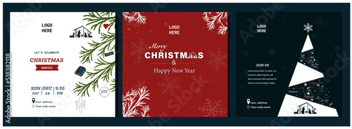 Set of Church social media post Template. Christmas Service Church concept with Holiday elements.