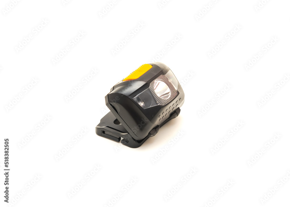 Side view double switches on black headlamp with white LED bulb isolated on white background Side view double switches on black headlamp with white LED bulb isolated on white background