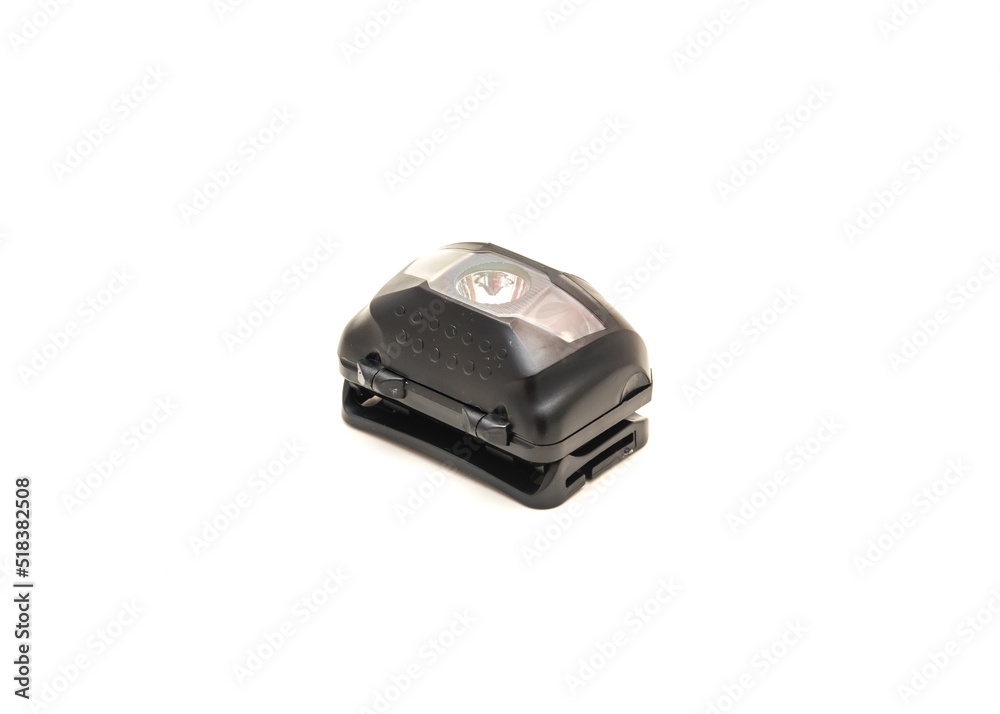 Black headlamp with white LED bulb isolated on white background Black headlamp with white LED bulb isolated on white background