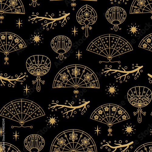 Chinese traditional oriental ornament background, fan pattern seamless. Japanese, Chinese elements. Asian texture for printing on packaging, textiles, paper, fabric, washi paper for scrapbooking