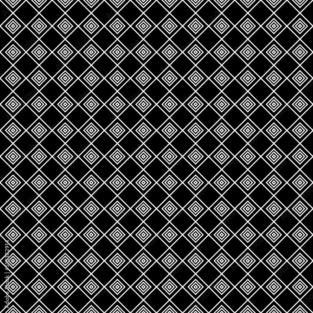 White hollow rhombuses tessellation on black background. Seamless surface pattern design with diamonds ornament. Checkered wallpaper. Grid motif. Digital paper for textile print, page fill. Vector art