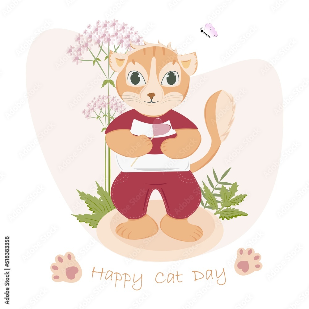 Cartoon cute cat for happy cat day with green leaves and pink flowers.