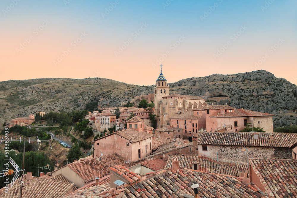landscape of the Albarracin village located in Spain at sunset