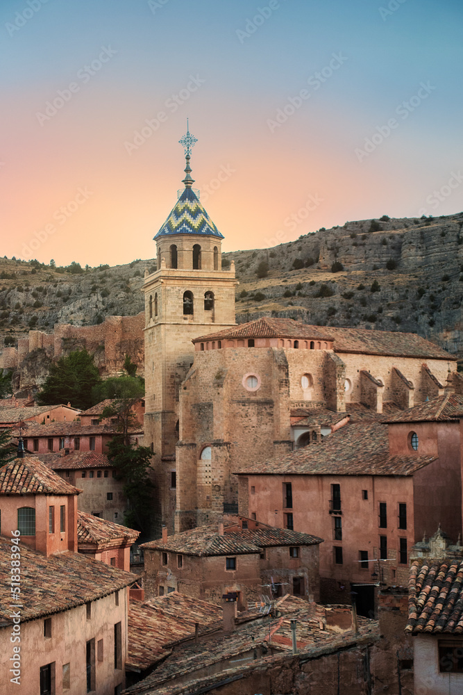 view of the tower of the church of Albarracin, a historic Spanish village declared a national monument