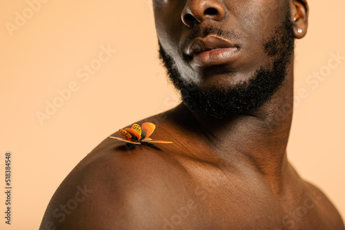 Cropped african model man with butterfly portrait photo