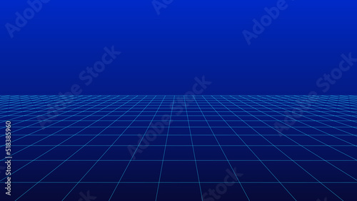 Perspective blue grid on a dark background. Futuristic vector illustration. Background in the style of the 80s.