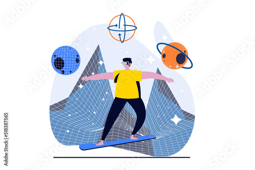 Metaverse concept with people scene in flat cartoon design. Man in VR headset interacts in virtual simulation riding board and playing in space simulation. Vector illustration visual story for web